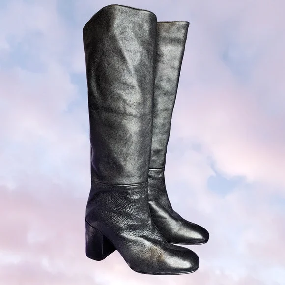 Stuart Weitzman Black Knee High Pull On Soft Leather Gothic Heel Boots Sz 9.5 - Picture 1 of 8